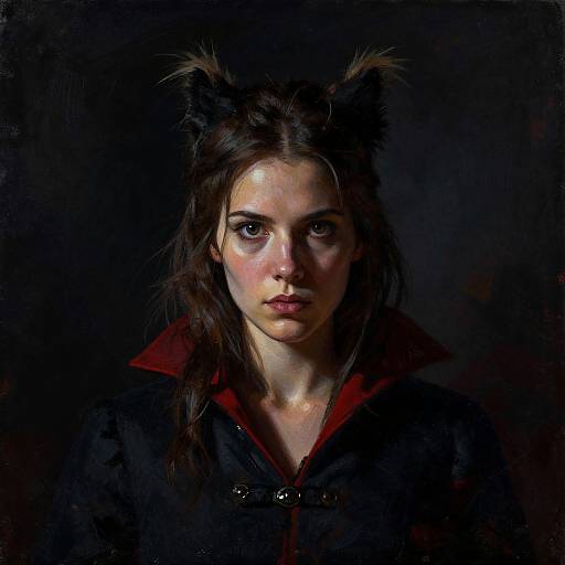 Digital portrait of a young woman with dark hair, cat ears, and intense gaze, wearing a black and red hooded cloak, against a dark background