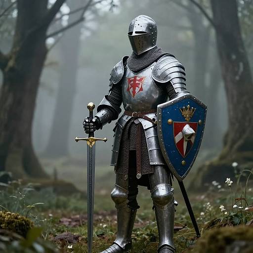 Digital artwork of a medieval knight in silver armor with a red emblem, holding a sword and shield, standing in a misty forest.