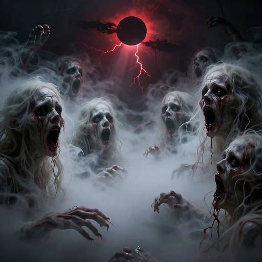 Digital art: Ghastly, blood-streaked zombie-like creatures with long hair emerge from mist, reaching out. A dark eclipse with red lightning
