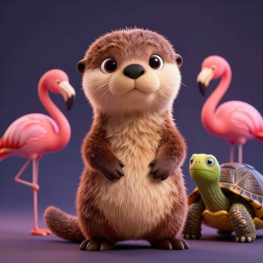 CGI cartoon image of a cute, fluffy brown otter with big eyes, standing center among a pink flamingo on each side and a green turtle