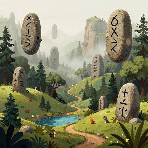 Digital fantasy landscape with floating stone slabs bearing ancient runes, lush green hills, winding path, blue stream, and misty cliffs.