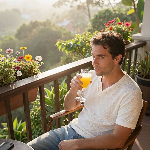 Photograph of a handsome, medium-build man with short dark hair, wearing a white V-neck tee, sipping orange juice on a sunlit balcony