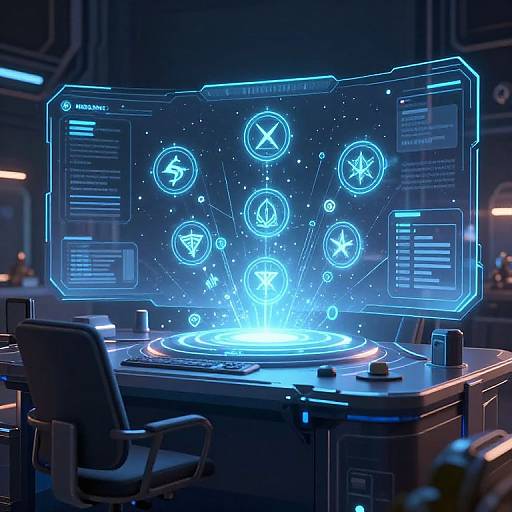 CGI image of a futuristic control room with a glowing blue holographic display of magical symbols and icons above a circular console.