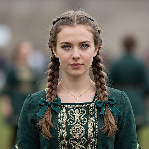 Photograph of a young white woman with braided brown hair, green eyes, wearing a dark green embroidered dress with bow accents, standing outdoors with blurred