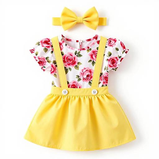 Photograph of a child's outfit: yellow bowtie, floral pink and white shirt, and yellow pinafore dress with white buttons.