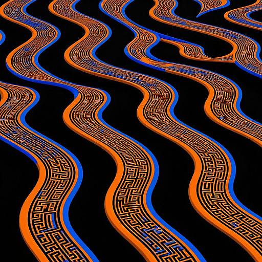 Abstract digital art featuring wavy, orange maze-like patterns with blue outlines on a black background, creating a vibrant, flowing design.