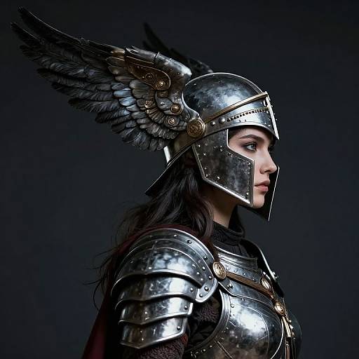 Digital artwork of a young woman with long black hair in detailed, silver winged knight armor, profile view against a dark background.
