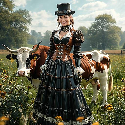 Photorealistic digital art: Victorian woman in black corset and frilled dress, top hat, standing in a meadow with a brown and white