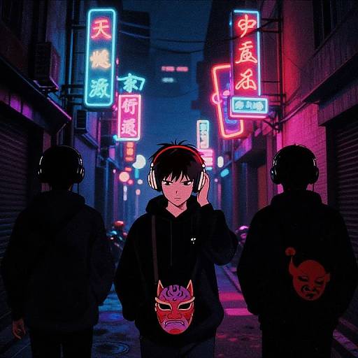 Neon-lit alleyway at night, anime-style drawing. Central character with headphones, black hoodie, and mask pendant, flanked by two shadow