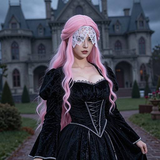 Photograph of a young woman with pink hair, lace mask, and black Victorian dress, standing in front of a gothic castle.