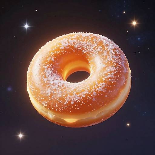 Digital artwork of a glowing, sugar-coated donut floating in a dark, starry space. The donut's golden-brown surface is spe