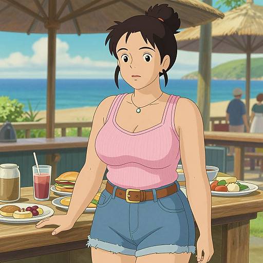 Anime-style digital drawing of a curvy woman with large breasts, pink tank top, blue shorts, standing at a beachside food table.