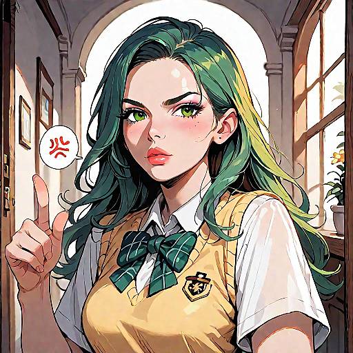 Annoyed Schoolgirl Pointing in Hallway