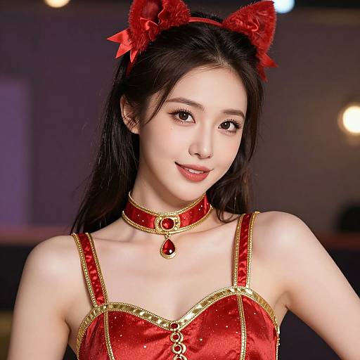 Photograph of a young Asian woman with fair skin, dark hair, and red cat ears, wearing a red and gold sequined dress with a red
