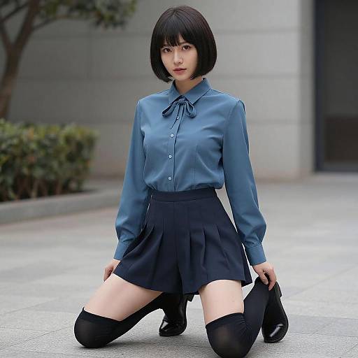 Photograph of an Asian woman with a black bob haircut, wearing a blue shirt, black skirt, and thigh-high stockings, kneeling outdoors in a city