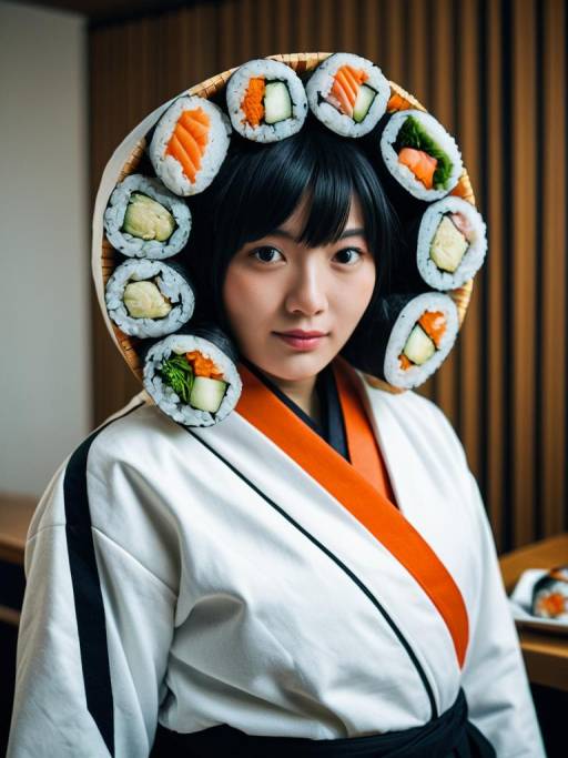 Woman Wearing Sushi Roll Hat Costume