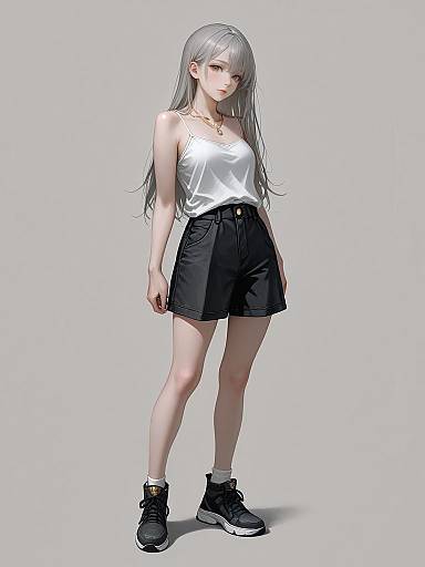 Digital anime-style drawing of a pale-skinned, silver-haired girl in a white tank top, black shorts, and black sneakers, standing against a plain