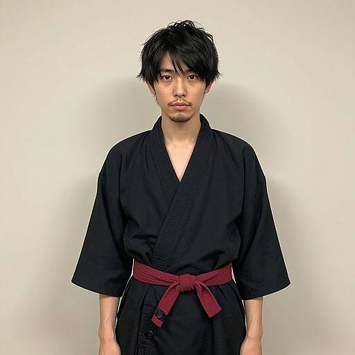 Photograph of an Asian man with short black hair, wearing a black karate gi with a red belt, standing against a plain white background.