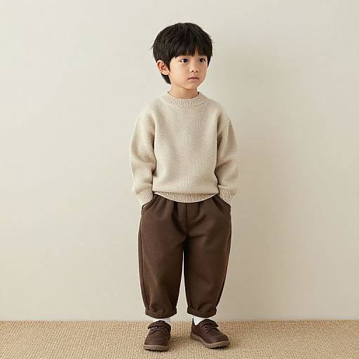Boy in Beige Sweater and Brown Pants