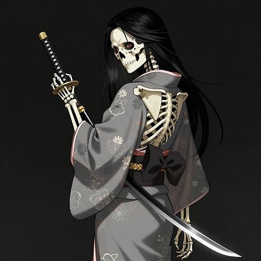 Female Skeleton in Floral Kimono Holding Katana