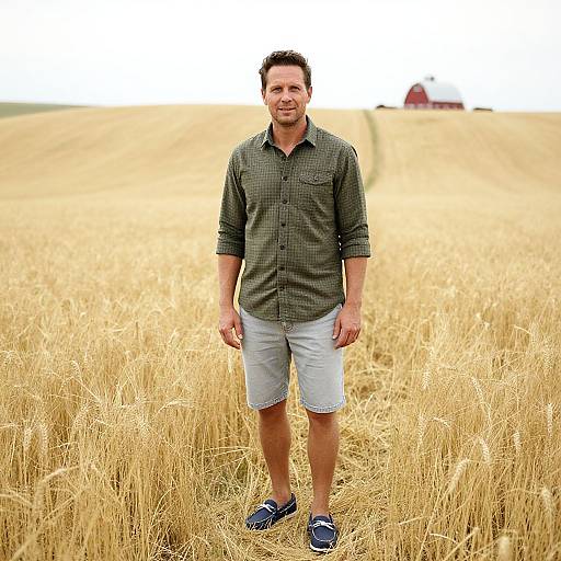 Photograph of a smiling middle-aged man with short dark hair, wearing a green checkered shirt, light blue shorts, and navy shoes, standing in