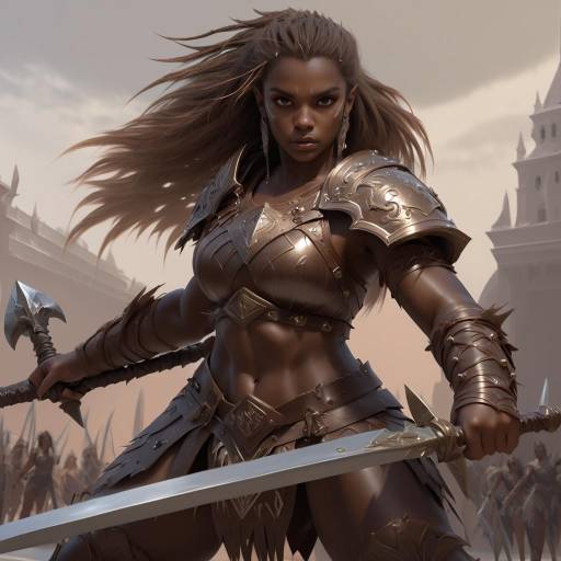 Warrior Woman in Armor with Sword and Axe