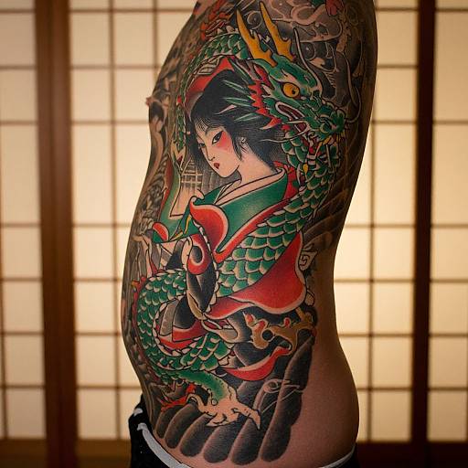 Tattooed man in side profile, showcasing intricate Japanese dragon and samurai woman design, vibrant colors, traditional shoji screen background. Photoreal