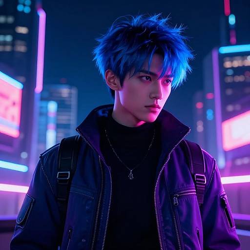 Neon-lit cityscape photograph of a young Asian man with blue-tinted spiky hair, wearing a black jacket and black shirt, standing