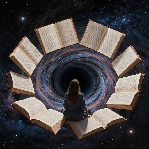 Digital art: Woman with long dark hair sits in space, surrounded by floating open books, gazing into a swirling galaxy.