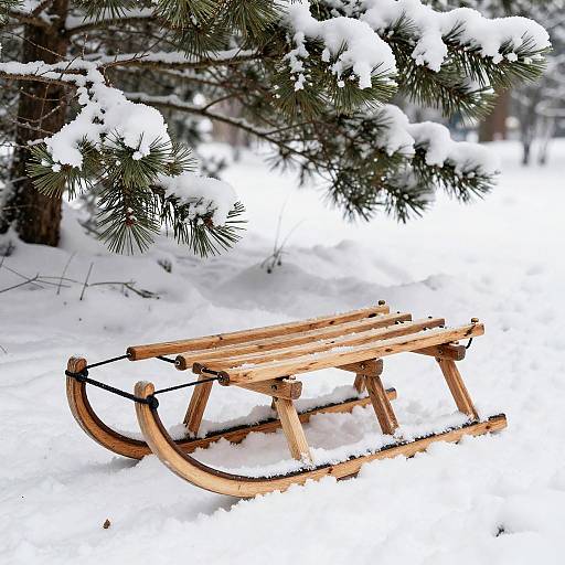Photograph of a wooden sled in a snowy forest, with snow-covered pine branches in the background. Bright white snow contrasts with the dark green pine needles