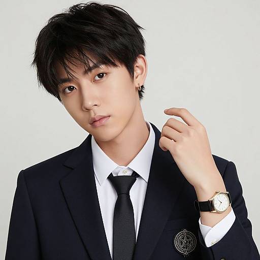 Photograph of an Asian man with short black hair, wearing a black suit, white shirt, black tie, gold watch, and black cufflink,