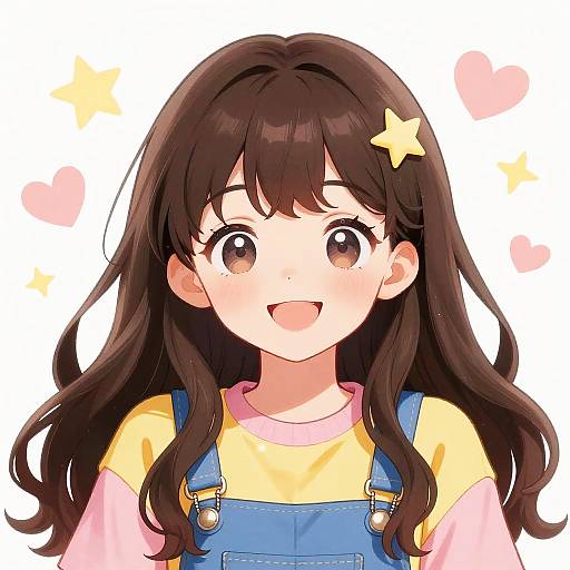 Anime-style digital drawing of a cute, smiling girl with long brown hair, yellow star hairclip, wearing blue overalls and yellow shirt, with pink
