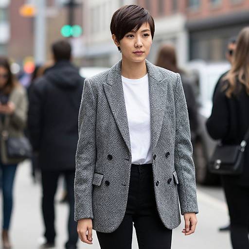 Photograph of an Asian woman with short black hair, wearing a grey herringbone blazer, white shirt, and black pants, standing in a