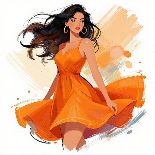 Digital illustration of a confident woman with long black hair, wearing a vibrant orange dress, large hoop earrings, and a playful smile, set against a dynamic