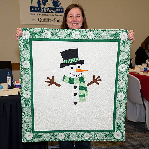 Photograph of a smiling woman holding a green-bordered quilt with a simple black-top, green-striped scarf, and orange-nosed snowman.
