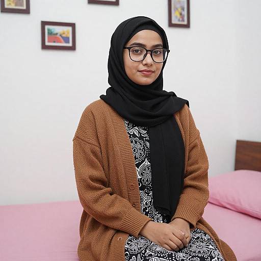Young Woman in Hijab on Pink Bed
