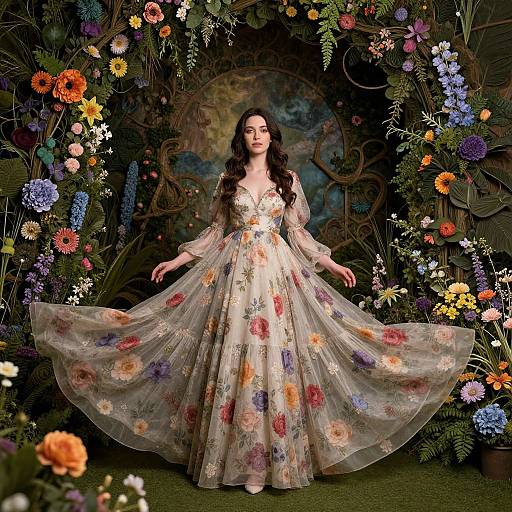 Photograph of a fair-skinned woman with long dark hair in a floral, full-length, sheer dress, standing in a vibrant, flower-filled,