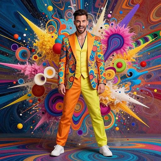 Photograph of a smiling man in vibrant, psychedelic orange jacket and yellow pants, standing against colorful abstract swirls and splatters.