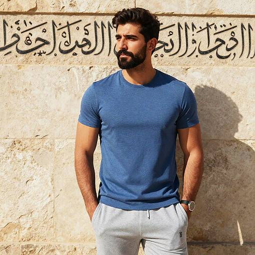 Photograph of a muscular, bearded man with dark hair, wearing a blue t-shirt and white shorts, standing against a textured beige wall with Arabic