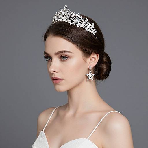 Photograph of a fair-skinned woman with dark hair in an elegant updo, wearing a sparkling tiara and star-shaped earrings, in a white