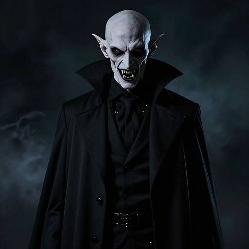 Photograph of a pale-skinned, bald vampire with pointed ears, sharp fangs, and dark cloak, illuminated against a blue, cloudy background.