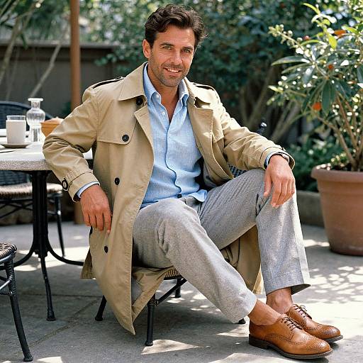 Man in Khaki Trench Coat on Garden Patio