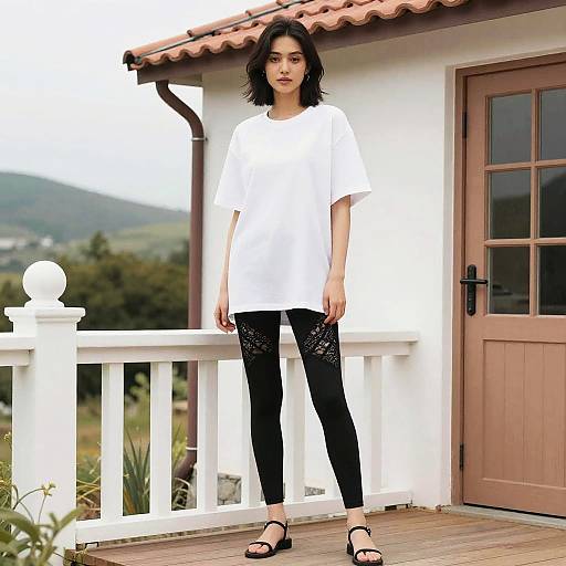 Photograph of an Asian woman with shoulder-length black hair, wearing a white t-shirt, black lace leggings, and black sandals, standing on a white