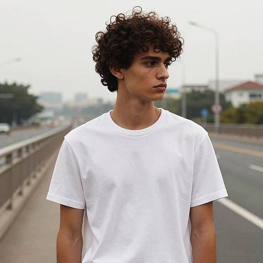 Photograph of a young man with curly dark hair, medium brown skin, and a white t-shirt, standing on a blurred road.