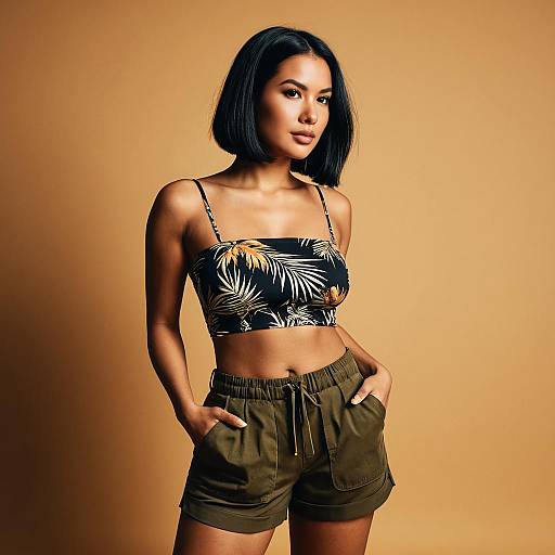 Woman in Tropical Print Tube Top and Olive Shorts