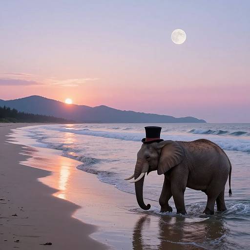 Photograph of a grey elephant with a black top hat standing in shallow ocean waves at sunset, reflecting orange and pink hues, with a full moon in
