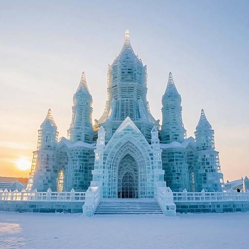 Photograph of a towering, intricate ice sculpture of a Gothic-style cathedral at sunset, with blue and orange sky, and snow-covered ground.