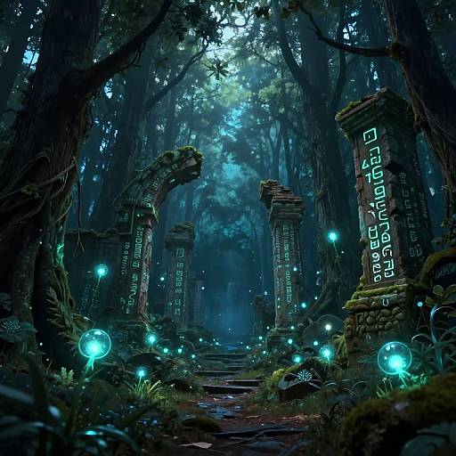 Mysterious, illuminated forest path with glowing mushrooms and ancient, moss-covered stone pillars featuring glowing runes, shrouded in mist and moonlight. Digital