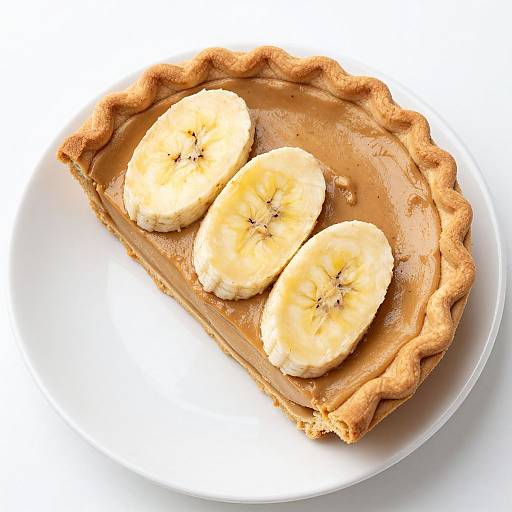 Photograph of a banana cream pie with three banana slices on a white plate, featuring a golden-brown, fluted crust.