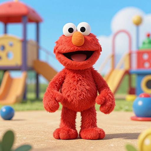 Photograph of Sesame Street's Elmo, a red, furry, muppet with large white eyes and orange nose, standing in a colorful playground